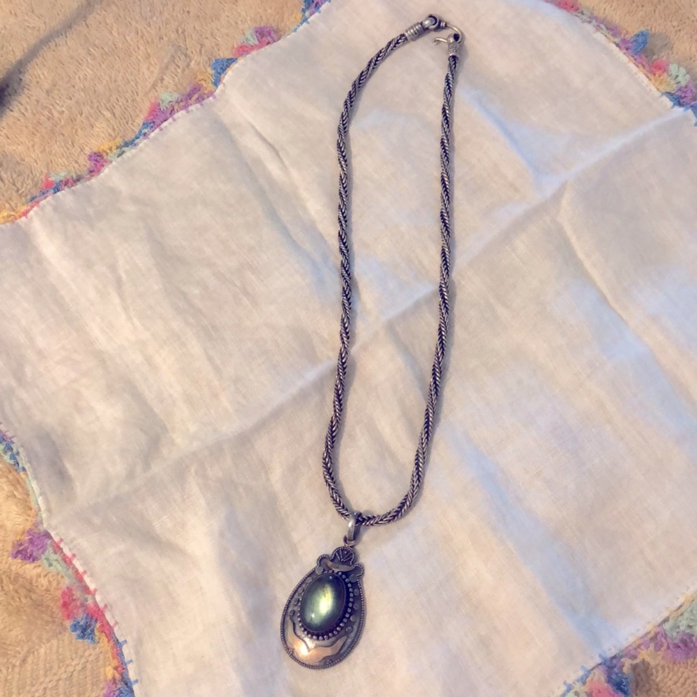 Vintage 925 Sterling Silver 16” Twisted Rope Chain w/1.5” Labradorite Pendant